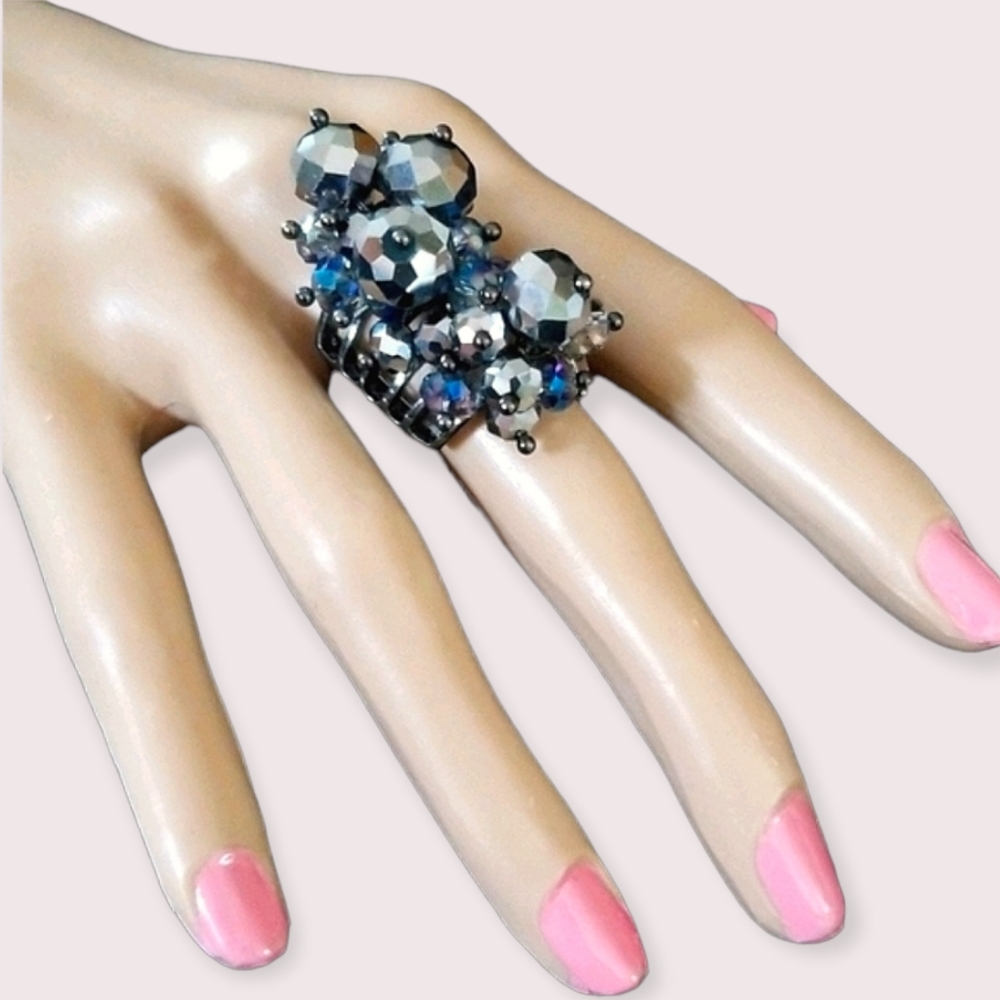 Vintage Gunmetal Beaded Stretch Statement Ring One Size
